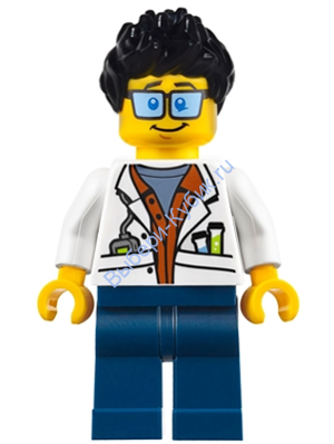 City Jungle Scientist - White Lab Coat with Test Tubes, Dark Blue Legs, Black Ruffled Hair (60161)