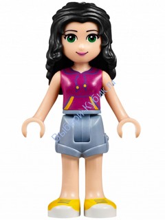 Friends Emma, Sand Blue Shorts, Magenta Top with Yellow and Dark Purple Stripes