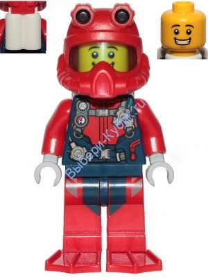 Scuba Diver - Male, Open Mouth Smile, Red Helmet, White Airtanks, Red Flippers