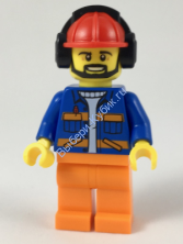 Airport Flagman, Red Helmet with Earmuffs, Blue Jacket with Orange Stripes and Legs