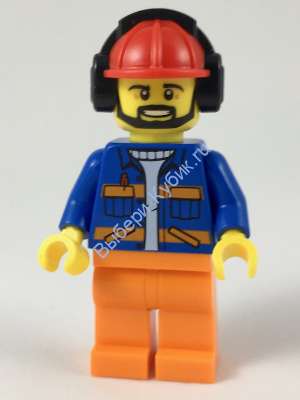 Airport Flagman, Red Helmet with Earmuffs, Blue Jacket with Orange Stripes and Legs