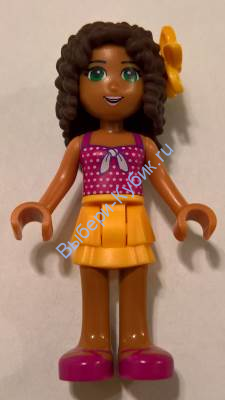 Friends Andrea, Bright Light Orange Layered Skirt, Magenta Top with White Polka Dots and Bow, Bright Light Orange Flower