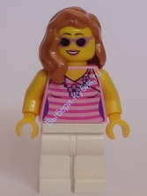 Dark Pink Striped Top, White Legs, Medium Dark Flesh Female Hair over Shoulder