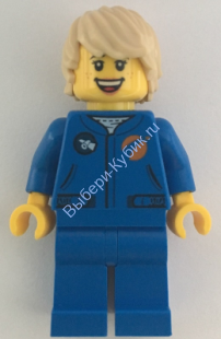 Astronaut - Female, Blue Jumpsuit, Tan Hair Tousled with Side Part, Freckles, Open Smile with Teeth