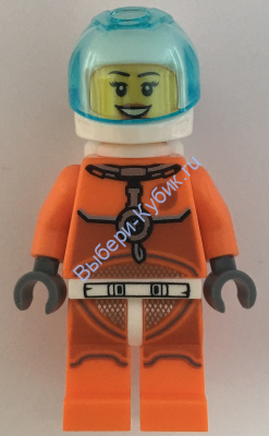 Astronaut - Female, Orange Spacesuit with Dark Bluish Gray Lines, Trans Light Blue Large Visor, Open Mouth Smile