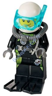 Fire - Scuba Diver, Black Flippers, Dark Bluish Gray Scuba Tank, White Helmet, Trans-Light Blue Scuba Mask