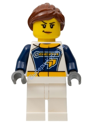 Минифигурка Лего Сити -  Водитель грузовика для перевозки драгстеров, логотип GEAR