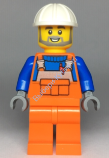 Construction Worker, Orange Overalls over Blue Shirt, White Construction Helmet, Open Mouth with Beard