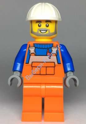 Construction Worker, Orange Overalls over Blue Shirt, White Construction Helmet, Open Mouth with Beard