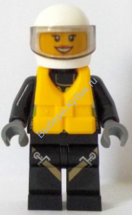 Fire - Reflective Stripes with Utility Belt and Flashlight, Life Jacket Center Buckle, White Helmet, Trans-Black Visor, Peach Lips Open Mouth Smile