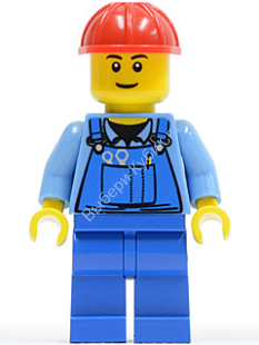 Минифигурка Лего Сити - Overalls with Tools in Pocket Blue, Red Construction Helmet, Black Eyebrows, Thin Grin