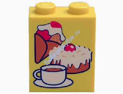 Деталь Лего Кубик С Рисунком 1 х 2 х 2 со Сладостями и Чашкой Цвет Желтый