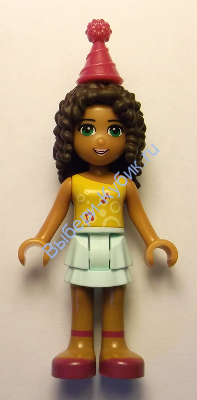 Friends Andrea, Light Aqua Layered Skirt, Bright Light Orange Top with Music Notes, Magenta Party Hat