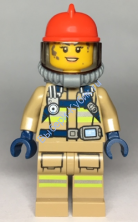 Fire - Reflective Stripes, Dark Tan Suit, Red Fire Helmet, Open Mouth with Peach Lips and Dirty Face, Breathing Neck Gear with Blue Airtanks