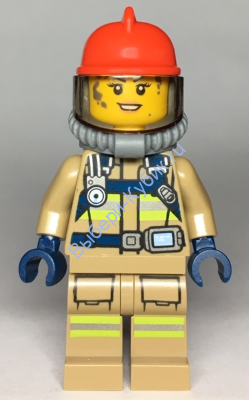 Fire - Reflective Stripes, Dark Tan Suit, Red Fire Helmet, Open Mouth with Peach Lips and Dirty Face, Breathing Neck Gear with Blue Airtanks