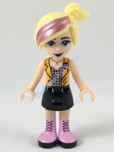 Friends Chloe, черная юбка, серебряный топ с черными и ярко-розовыми квадратами, ярко-светло-оранжевый жилет