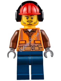 Fire - Orange Zipper, Safety Stripes, Belt, Brown Shirt, Dark Blue Legs, Red Construction Helmet, Headphones, Slight Smile, Stubble