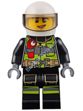 Минифигурка Лего Сити - Fire - Reflective Stripes with Utility Belt and Flashlight, White Helmet, Trans-Black Visor, Lopsided Grin