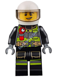 Минифигурка Лего Сити  - Fire - Reflective Stripes with Utility Belt and Flashlight, White Helmet, Trans-Black Visor, Lopsided Grin