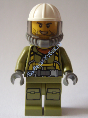 Volcano Explorer - Male Worker, Suit with Harness, Construction Helmet, Breathing Neck Gear with Yellow Airtanks, Trans-Black Visor, Stubble