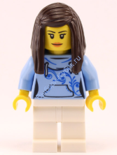 Pizza Van Customer Female, Bright Light Blue Hoodie with Swirl Flower Pattern, Dark Brown Hair (60150)