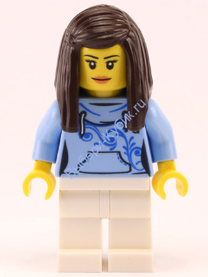 Pizza Van Customer Female, Bright Light Blue Hoodie with Swirl Flower Pattern, Dark Brown Hair (60150)