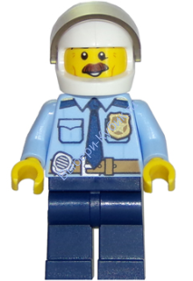 Police - City Shirt with Dark Blue Tie and Gold Badge, Dark Tan Belt with Radio, Dark Blue Legs, White Helmet