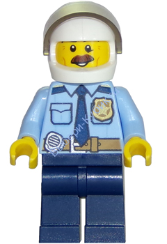 Police - City Shirt with Dark Blue Tie and Gold Badge, Dark Tan Belt with Radio, Dark Blue Legs, White Helmet