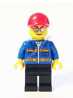 Blue Jacket with Pockets and Orange Stripes, Black Legs, Red Cap with Hole, Silver Sunglasses