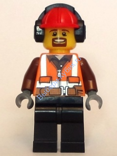 Cargo Center Worker - Orange Zipper, Safety Stripes, Belt, Brown Shirt, Black Legs, Red Construction Helmet, Headphones , Brown Moustache and Goatee