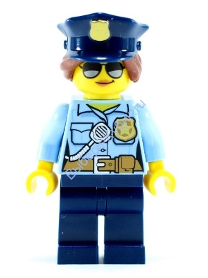 Police - City Officer Female, Bright Light Blue Shirt with Badge and Radio, Dark Blue Legs, Dark Blue Police Hat