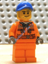 Tow Truck Driver - Orange Chest Pocket Zippers, Belt over Dark Gray Hoodie, Orange Legs, Blue Cap with Hole