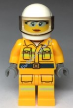 Fire - Reflective Stripes, Bright Light Orange Suit, White Helmet, Safety Glasses, Peach Lips Closed Mouth Smile