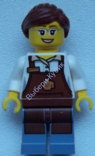 City Square Barista - Reddish Brown Apron with Cup, Reddish Brown Ponytail and Swept Sideways Fringe, Glasses and Smile