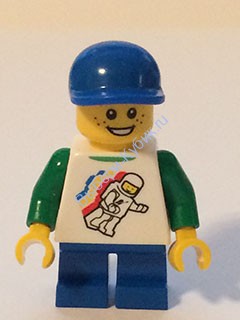 Classic Space Minifigure Floating Pattern, Blue Short Legs, Blue Short Bill Cap