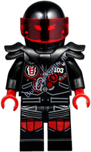Mr. E - Biker Vest with Number 103 and Red and Silver Patches and Garmadon Mask on Back, Black Helmet with Trans-Red Visor, Flame Eyes, Armor