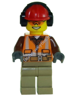 Construction Worker - Orange Zipper, Safety Stripes, Belt, Brown Shirt, Dark Tan Legs, Red Construction Helmet, Headphones, Sunglasses