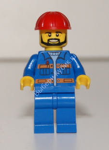 Blue Jacket with Pockets and Orange Stripes, Blue Legs, Red Construction Helmet, Black Angular Beard