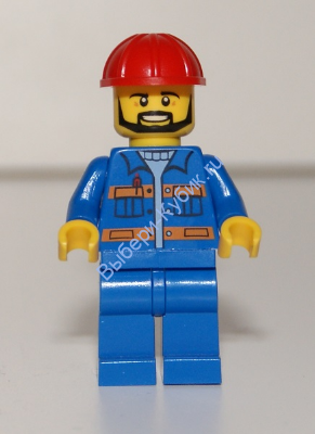 Blue Jacket with Pockets and Orange Stripes, Blue Legs, Red Construction Helmet, Black Angular Beard