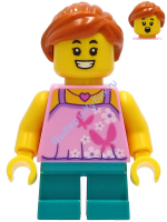 Минифигурка Лего Девушка Ярко-Розовый Топ С Бабочками И Цветами Темно-Бирюзовые Короткие Ноги Темно-Оранжевые Волосы