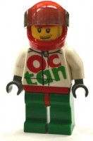 Race Car Driver, White Octan Race Suit with Silver Zipper, Red Helmet with Trans-Black Visor, Crooked Smile, Stubble Beard