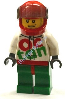 Race Car Driver, White Octan Race Suit with Silver Zipper, Red Helmet with Trans-Black Visor, Crooked Smile, Stubble Beard