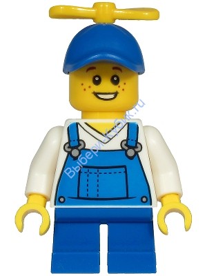 Boy - Blue Overalls over V-Neck Shirt, Blue Short Legs, Blue Cap with Tiny Yellow Propeller