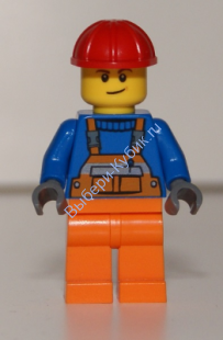 Overalls with Safety Stripe Orange, Orange Legs, Red Construction Helmet, Lopsided Smile