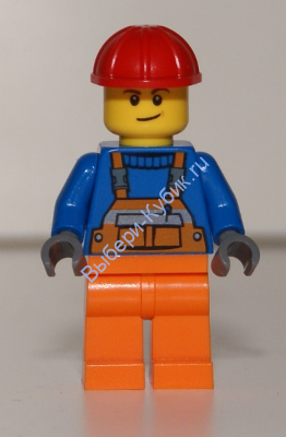 Overalls with Safety Stripe Orange, Orange Legs, Red Construction Helmet, Lopsided Smile