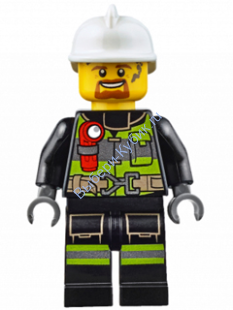 Fire - Reflective Stripes with Utility Belt and Flashlight, White Fire Helmet, Brown Moustache and Goatee, Soot Marks