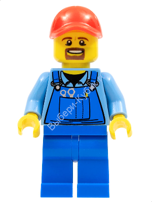 минифигурка лего сити - Overalls with Tools in Pocket Blue, Red Cap with Hole, Brown Moustache and Goatee