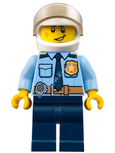 Police - City Officer Shirt with Dark Blue Tie and Gold Badge, Dark Tan Belt with Radio, Dark Blue Legs, White Helmet