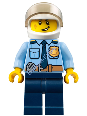 Police - City Officer Shirt with Dark Blue Tie and Gold Badge, Dark Tan Belt with Radio, Dark Blue Legs, White Helmet