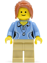 Medium Blue Female Shirt with Two Buttons and Shell Pendant, Tan Legs, Dark Orange Hair Ponytail Long with Side Bangs